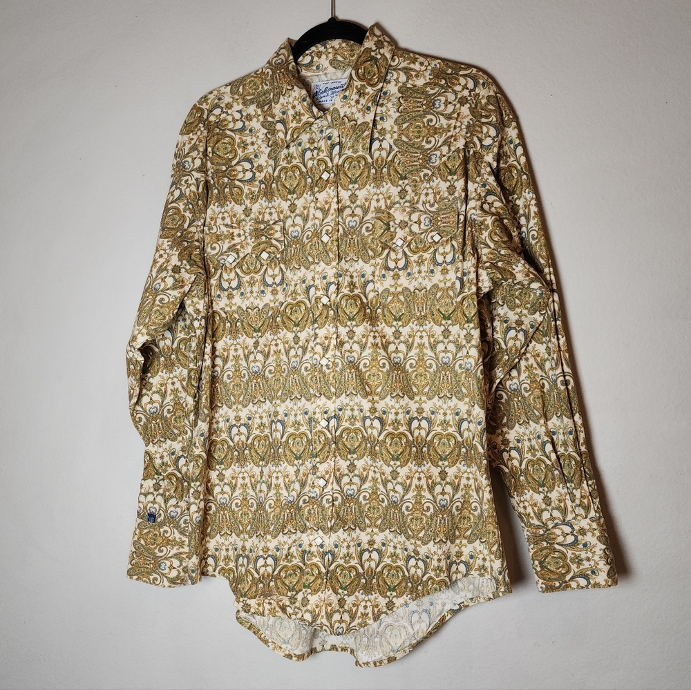 Rockmount Ranch Wear Shirt Snap Button Long Sleeve Beige Brown Blue Est Large